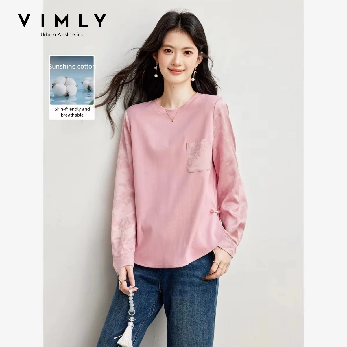 VIMLY Fashion Pink Long Sleeve T-shirt for Women 2026 Autumn Subtle Jacquard Round Neck Blouse Loose-fit Casual Top Female A7635