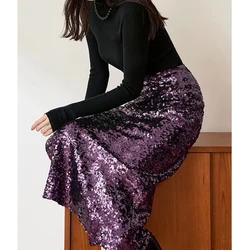 Sequined Skirts for Elegant Women Spring Autumn Korean Fashion Shiny Purple Long Wrap Hip Skirt Side Slit Slim Romantic Dresses