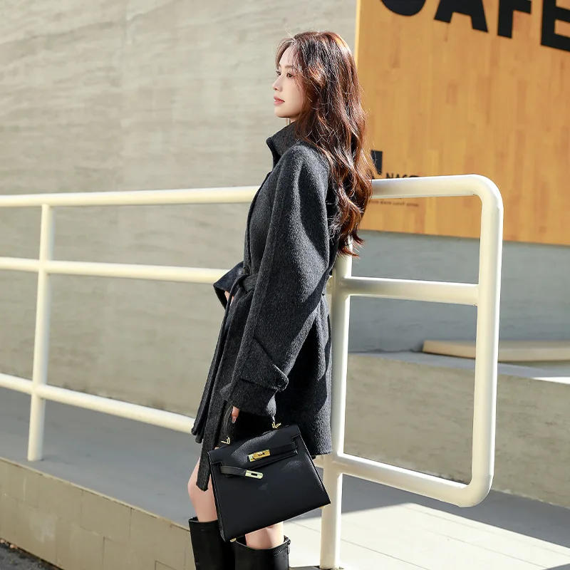 양면 카메라 와이드 레그 코트 여성용 가을 겨울 패션 한국 스타일 스탠드 칼라 루즈 울 재킷 우아함