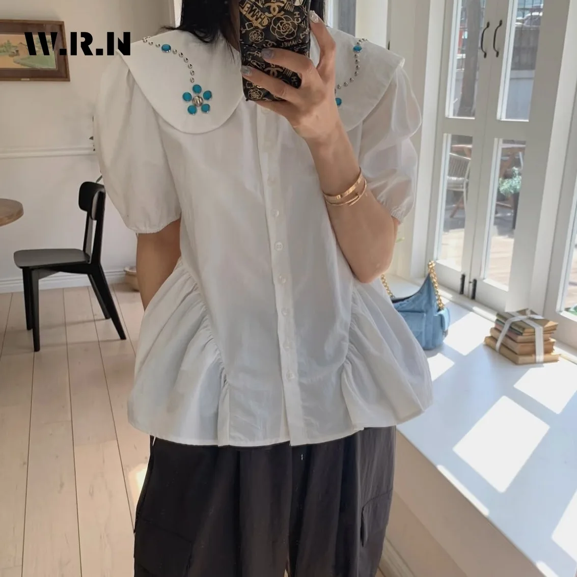 

Elegant Sweet Puff Sleeve Loose Fit Shirt Women's Causal 3D Floral Decoration Thin Blouses Peter Pan Collar Chiffon Tees Top