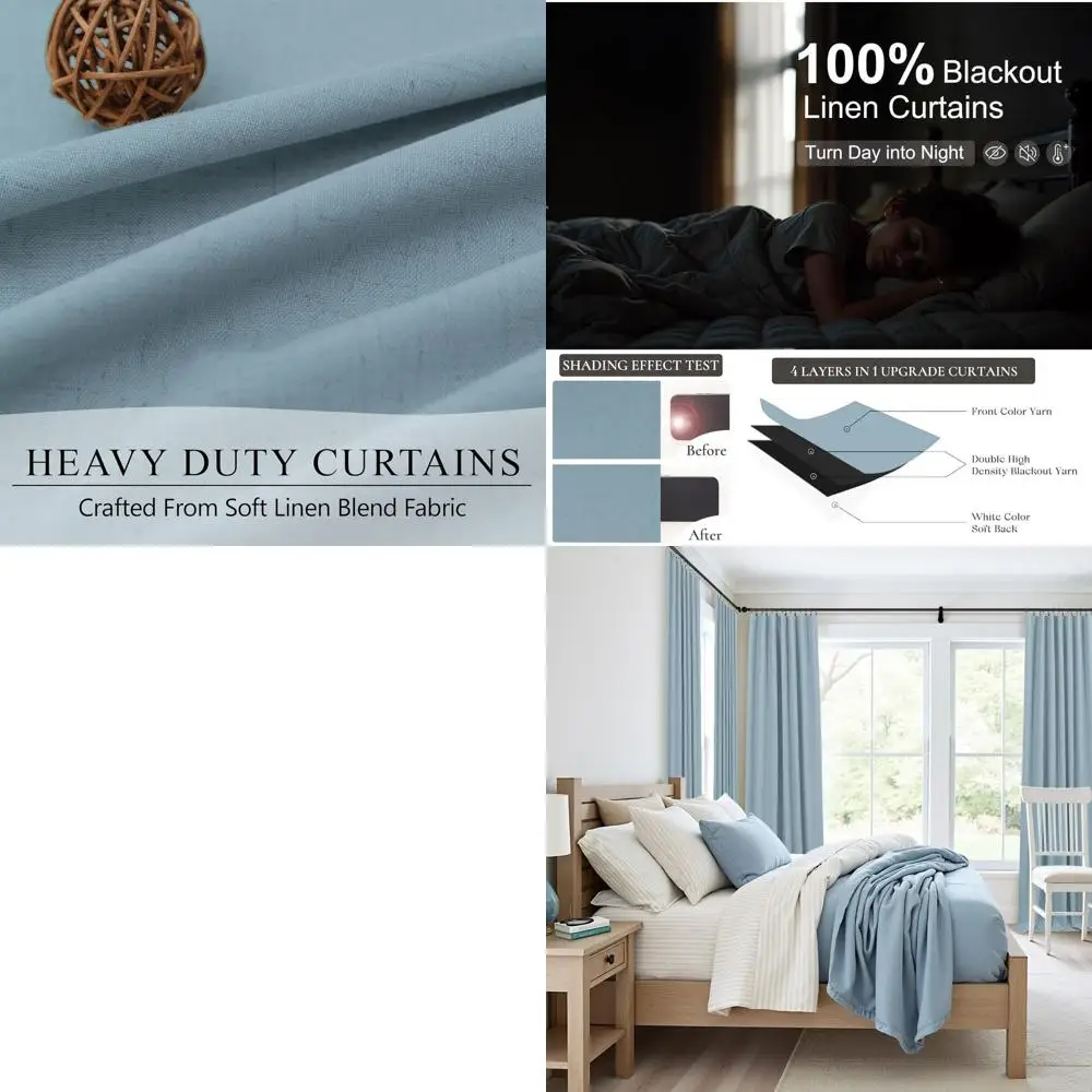 84 ダスティブルーカーテン 寝室用、100%遮光、キュートな子供部屋用パネル、断熱、コットンリネン混紡、ストーンブルーグレー