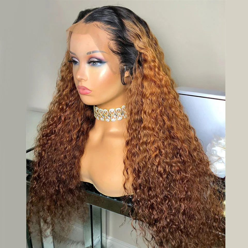 

Soft 26“Long Ombre Brown Blonde Kinky Curly180Density Lace Front Wig For Black Women BabyHair Glueless Preplucked Heat Resistant