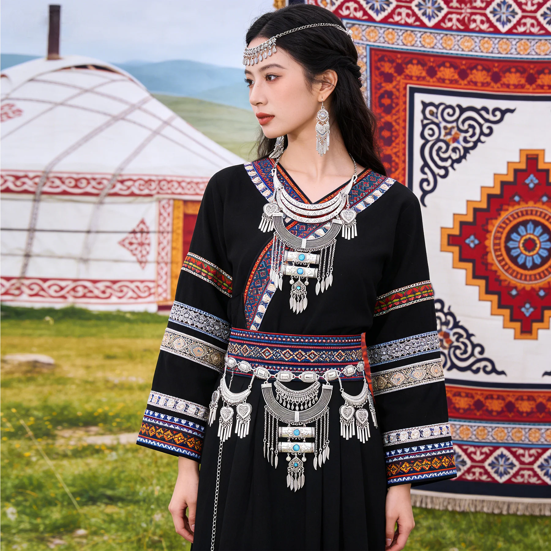 

Vintage Alloy Carved Geometry Pendant Necklace for Women Boho Nepal Ethnic Turquoise Waist Chain Jewelry Set Female Accessories