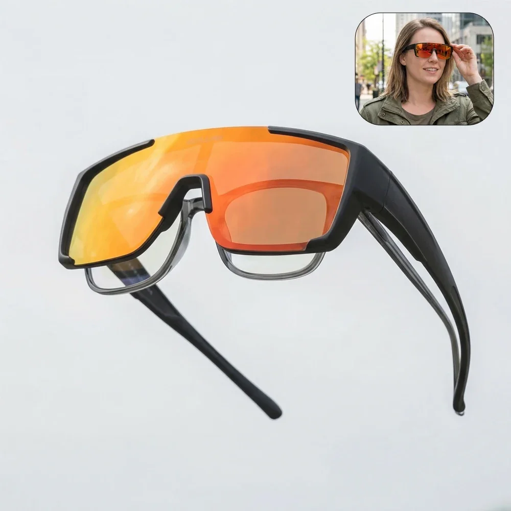 

BOLLFO Fit Over Polarized Sunglasses Men Women Oversized Photochromic Cycling Glasses UV400 Protection Rimless Sports Goggles