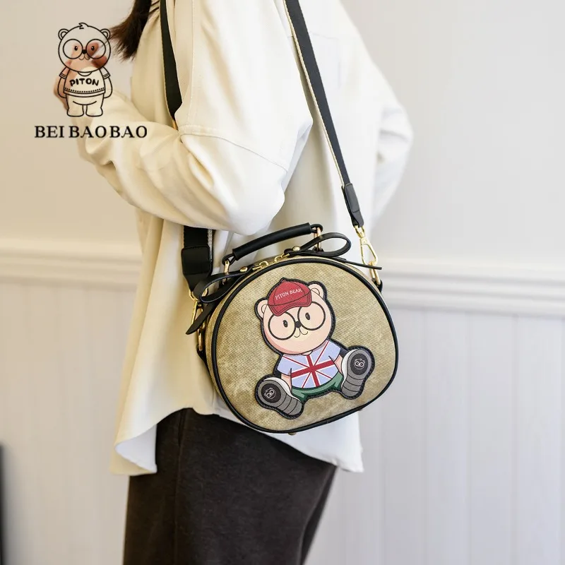 Beibaobao Small Round Bags 2024 Summer Retro Women\'s Bag Canvas Bear Pattern Design Casual Fashion Single Shoulder Crossbody Bag