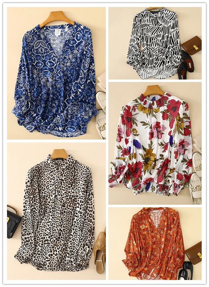 

Foreign trade original single fashion printing chiffon pullover small stand collar women's shirt