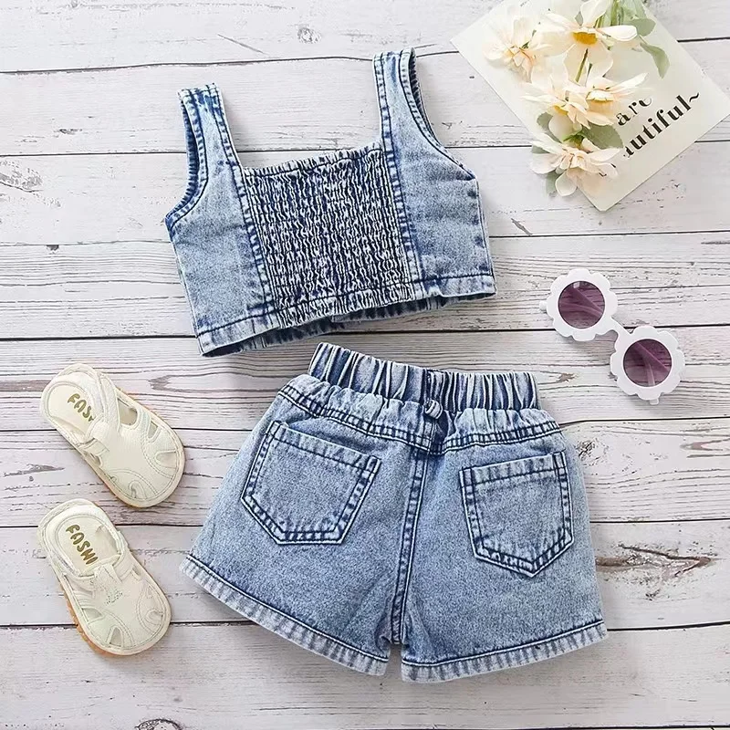 Summer Baby Girl Children Blue Denim Strap Top+Watermelon Printed Denim Shorts