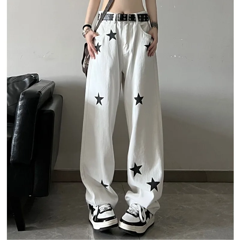 

Star Printed Jeans Women High-waisted Thin Loose Straight Full Length Casual Trousers High Street Versatile Denim Pants Female