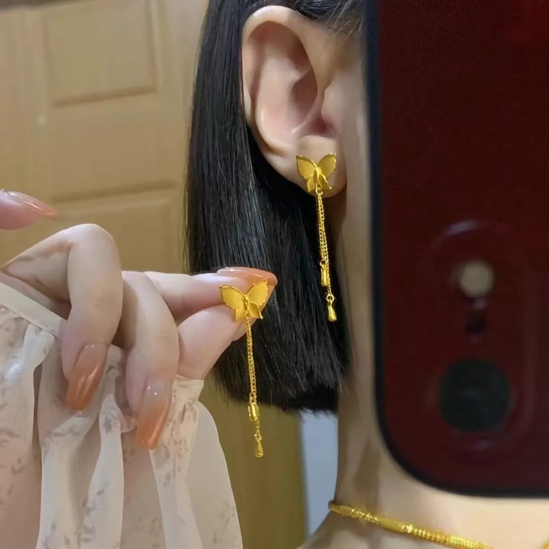 

Fashion AU750 New Chinese Palace Style 18k Gold tassel Butterfly Earrings Female Escape Princess Style Design Earrings