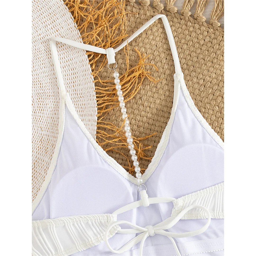 S - XL Sexy Perlen, geraffter V-Ausschnitt, Damen-Badeanzug, einteiliger Badeanzug, rückenfreier, hoch geschnittener Badeanzug, Badebekleidung, Badeanzug V7720 – Detail 5