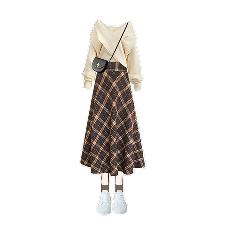 Salt Series Faion Set Women's Autumn Long Sve Cheered  Skirt High Waist V-ne Two-piece Suit Ele Feel