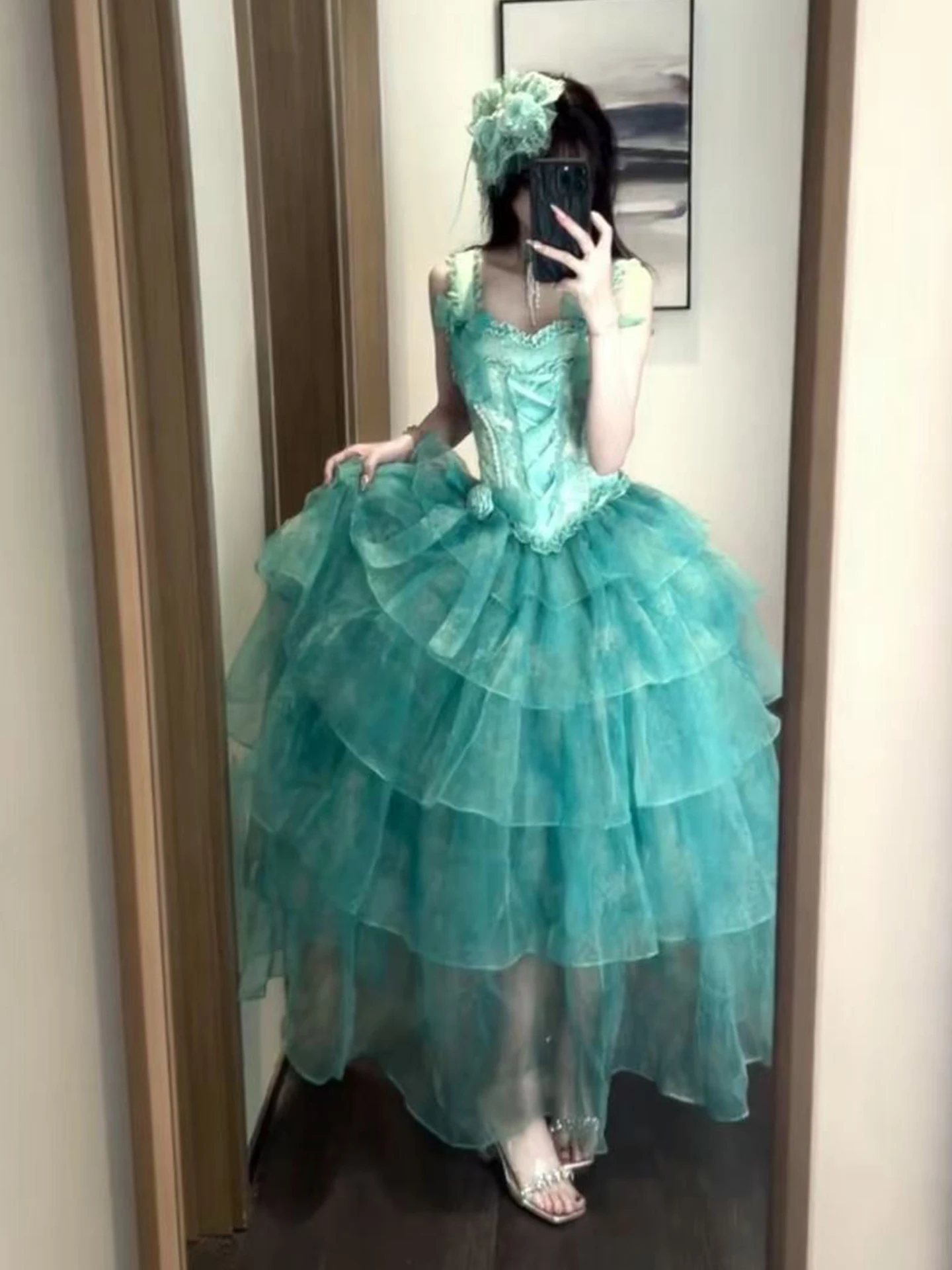 

Princess Style Long Evening Gown Lolita Skirt Handmade Flowers Middle Waist Zipper Design for Year End Party Adult Ceremony