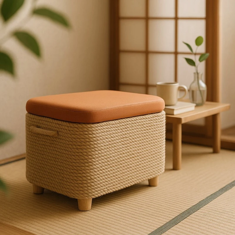 Tatami Wood round Footstool Hemp Rope Low Stool Multi-Purpose Living Room Ottoman Home Shoe Bench Sofa Storage Bench