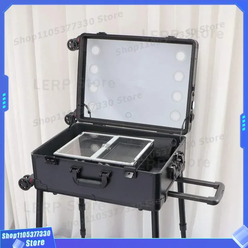 Large Capacity Aluminum Alloy Makeup Trolley Case with LED Mirror Lamp for Professional Bridal Follow up Artist Cosmetic