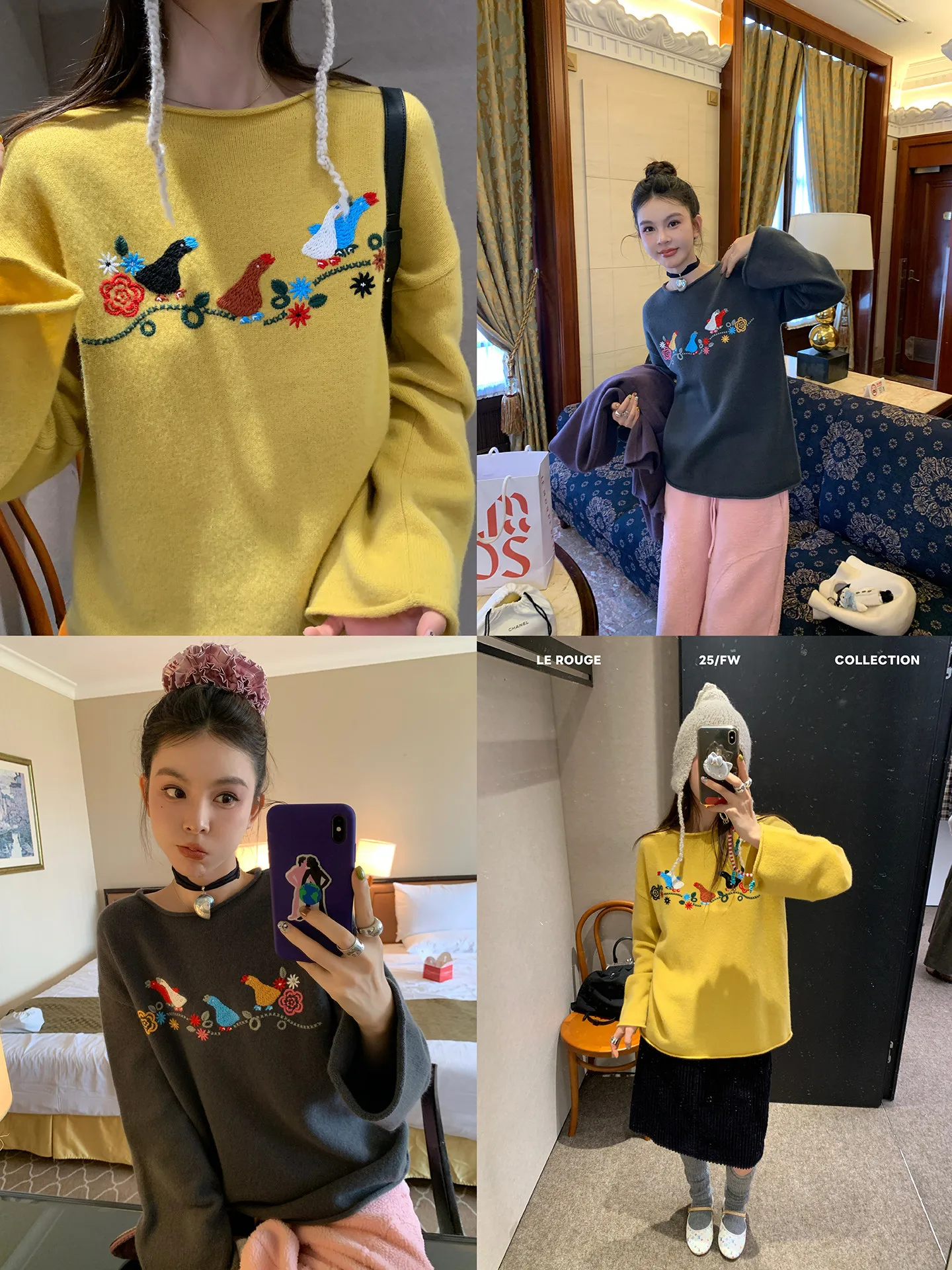 

Вязаный свитер Le Rouge Ge Qu Fun Flower Border 00 из чистой шерсти с вышивкой и манжетами, винтажный стиль для повседневной носки