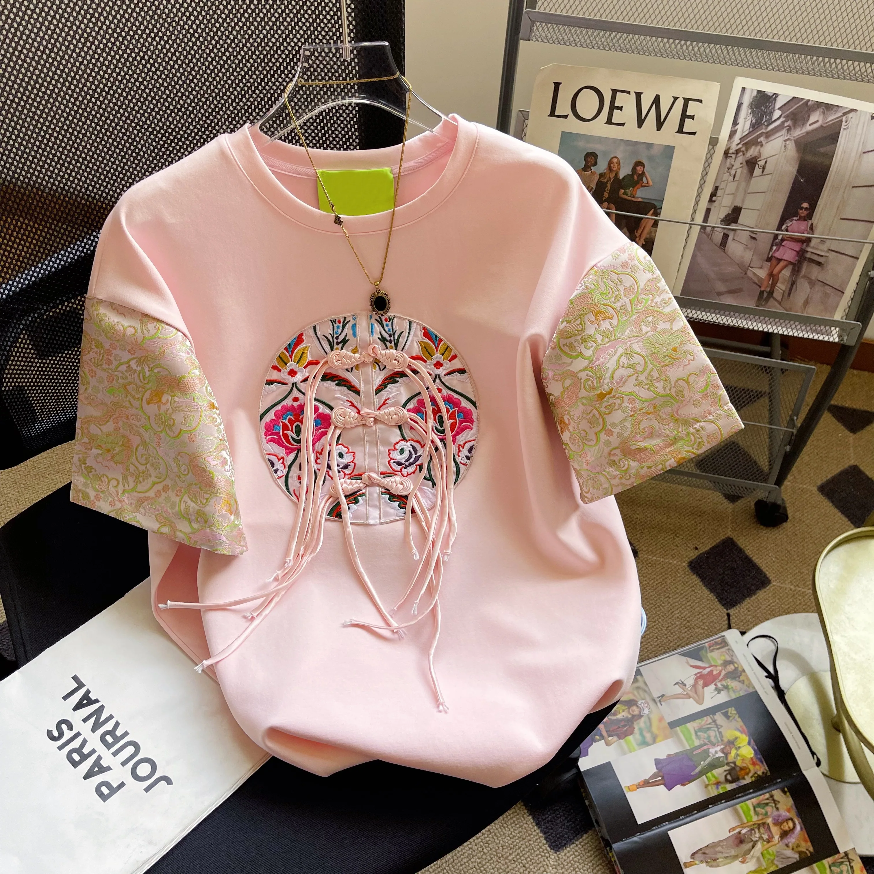 Blush Pink Embroidered Frog Closure T-shirt with Oriental Jacquard Contrast Sleeves Women's New Chinese Style Loose Casual Top