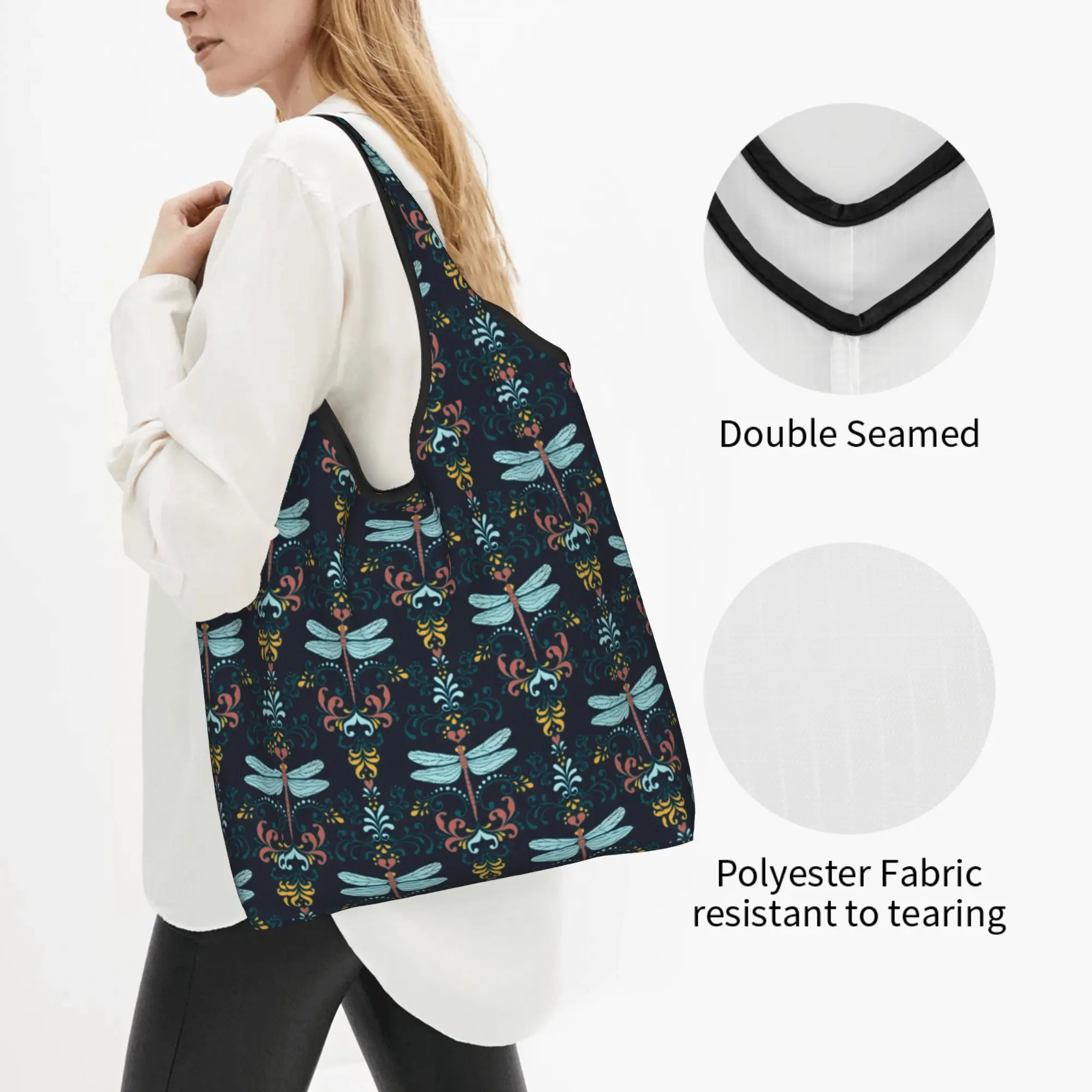 Recycling Funny Colorful Dragonfly  Shopping Bag Women Tote Bag Portable  Grocery Shopper Bags