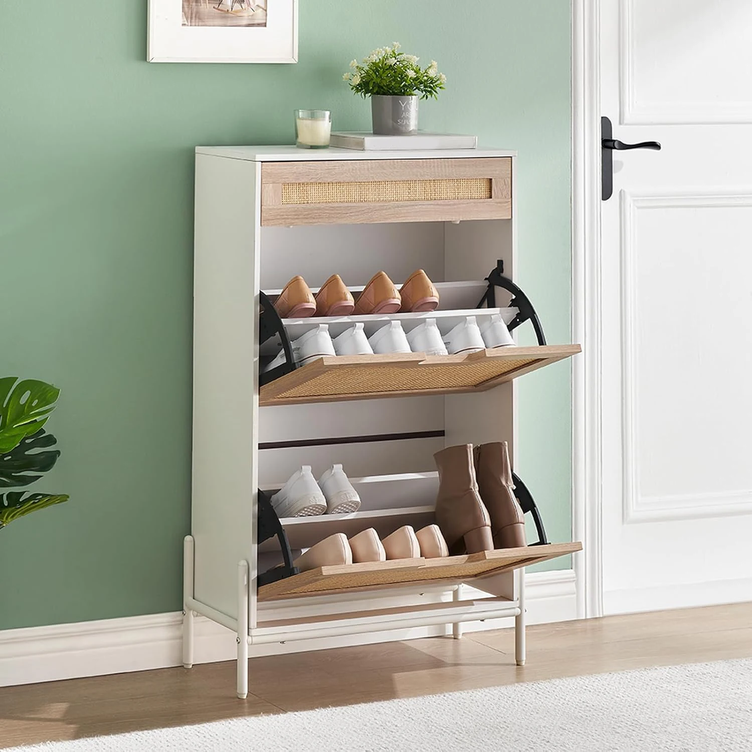 Hidden Rattan Shoe Cabinet With 2 Flip Doors 1 Drawer Narrow Entryway Shoe Storage Freestanding Organizer With Adjustable Shelf