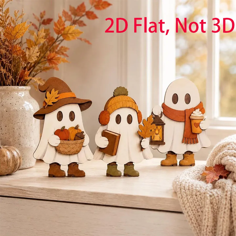 Dekorative Herbst-Ornamente aus Holz, bestehend aus drei Teilen, niedliche Herbst-Regaldekorationen, geeignet für Halloween, Weihnachten, Thanksgiving, als Tischdekoration, für den Schreibtisch im Büro, das Wohnzimmer – Detail 2