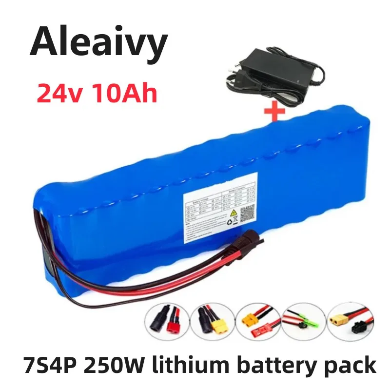 Bateria litowa 24 V 10 Ah 7S4P 250 W 29,4 V 10000 mAh 18650 pakiet skuter elektryczny 15A gniazdo zasilania BMS + ładowarka 29,4 V 2A