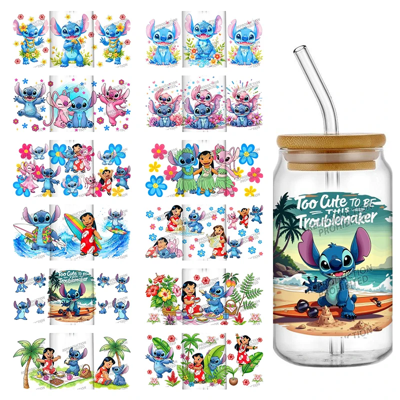 30 Hotsale Ontwerpen Leuke Stitch & Lilo 16 oz UV DTF 3D Telefoon Sticker Disney Decals Wraps Glas Kan Cups Creatieve ambachtelijke DIY Geschenken