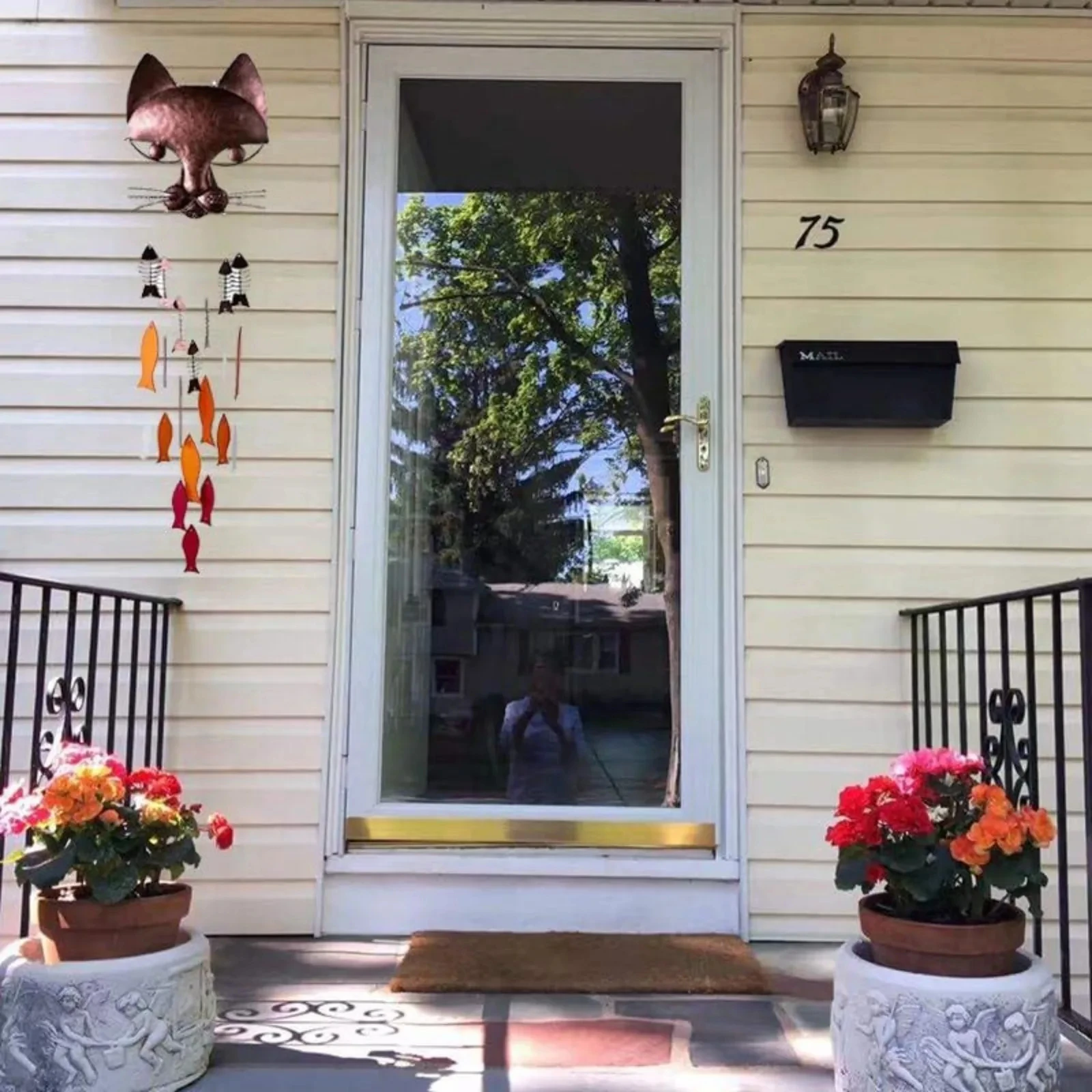 Vintage Copper Cat And Fish Wind Chimes Handicraft Metal Outdoor Indoor Hanging Decorative Item for Home Garden