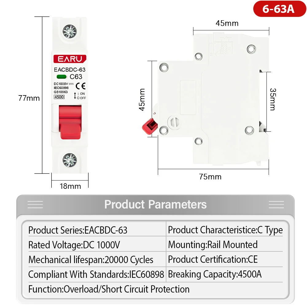 1pc DC 1000V 1P Solar Mini Circuit Breaker Overload Protection Switch 6A 10A 16A 20A 25A 32A 40A 50A 63A MCB for Photovoltaic PV