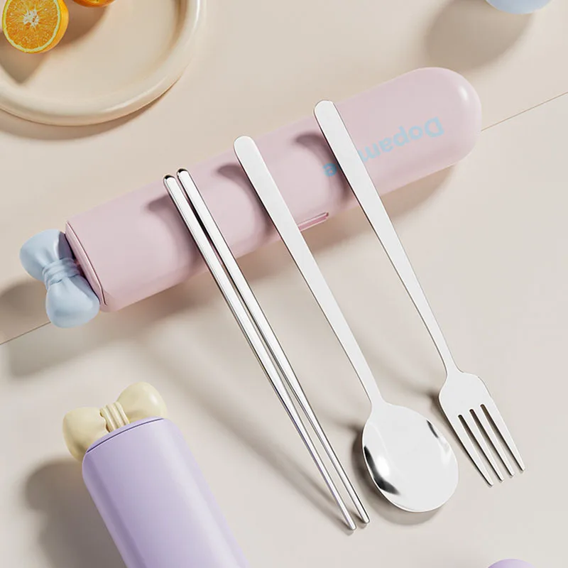 

3/4pcs Cute Portable Cutlery Set 304 Stainless Steel Spoon Fork and Chopsticks Bow Modeling Storage Case for Christmas Gift