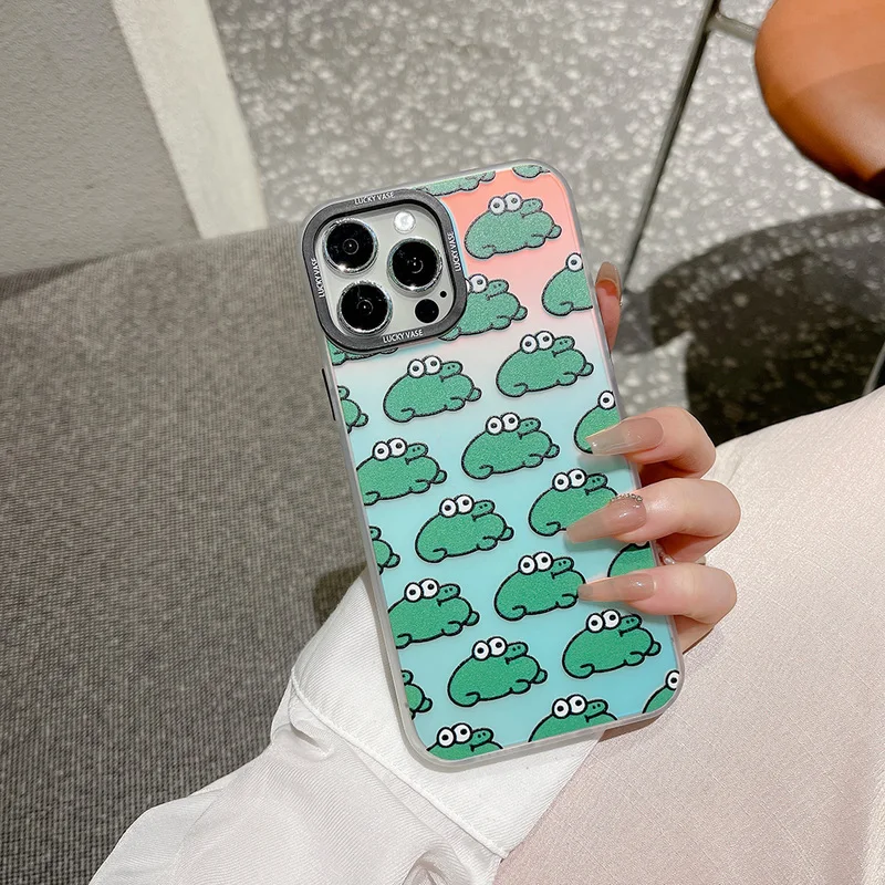 2024 Cute Cartoon Phone Case Pensive Frog Design Compatible With Apple Full-screen Frog Laser Graphic And Stylish Letter Print