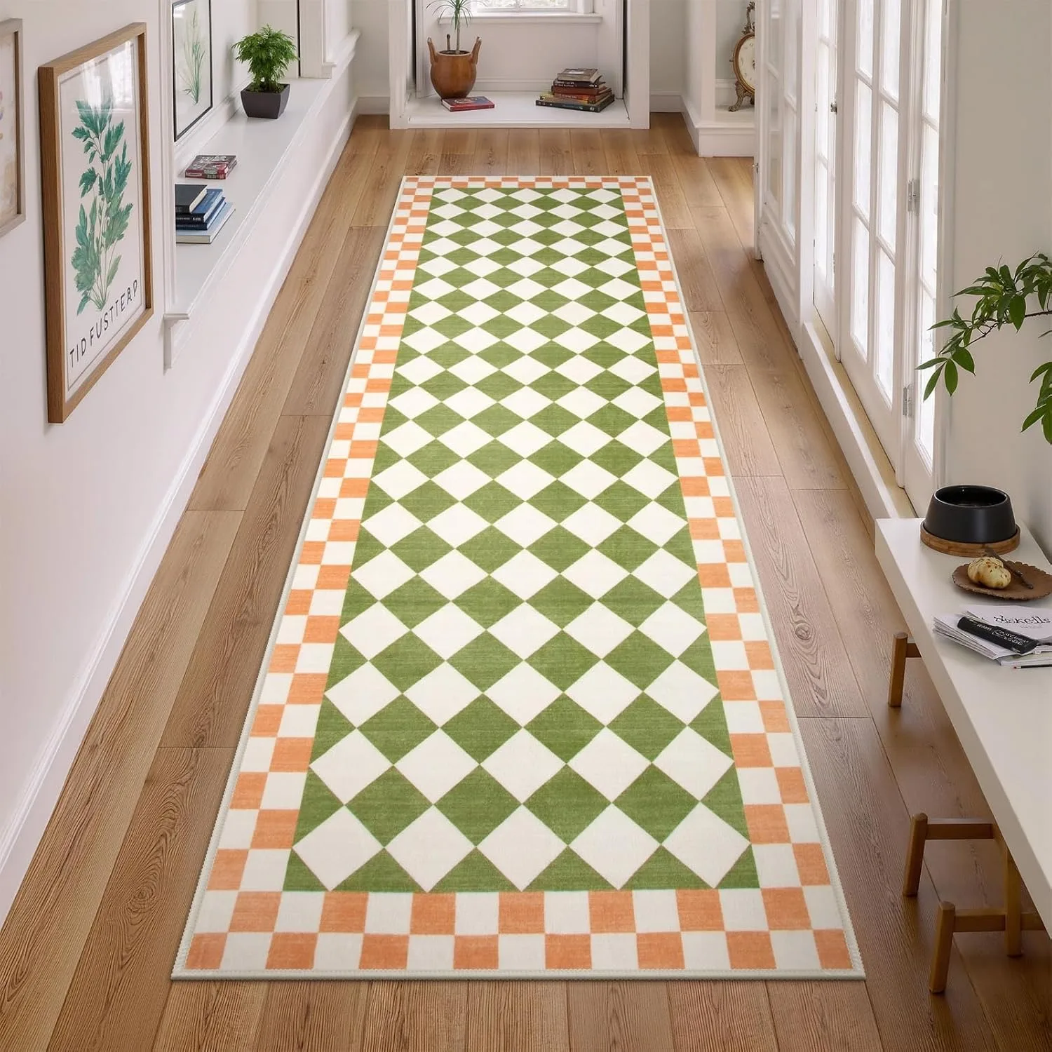 

Corridor Carpet Yellow Green Plaid Runner Rug Machine Washable Floor Mat Home Decoration Long Rug for Bedroom Bedside Rugs