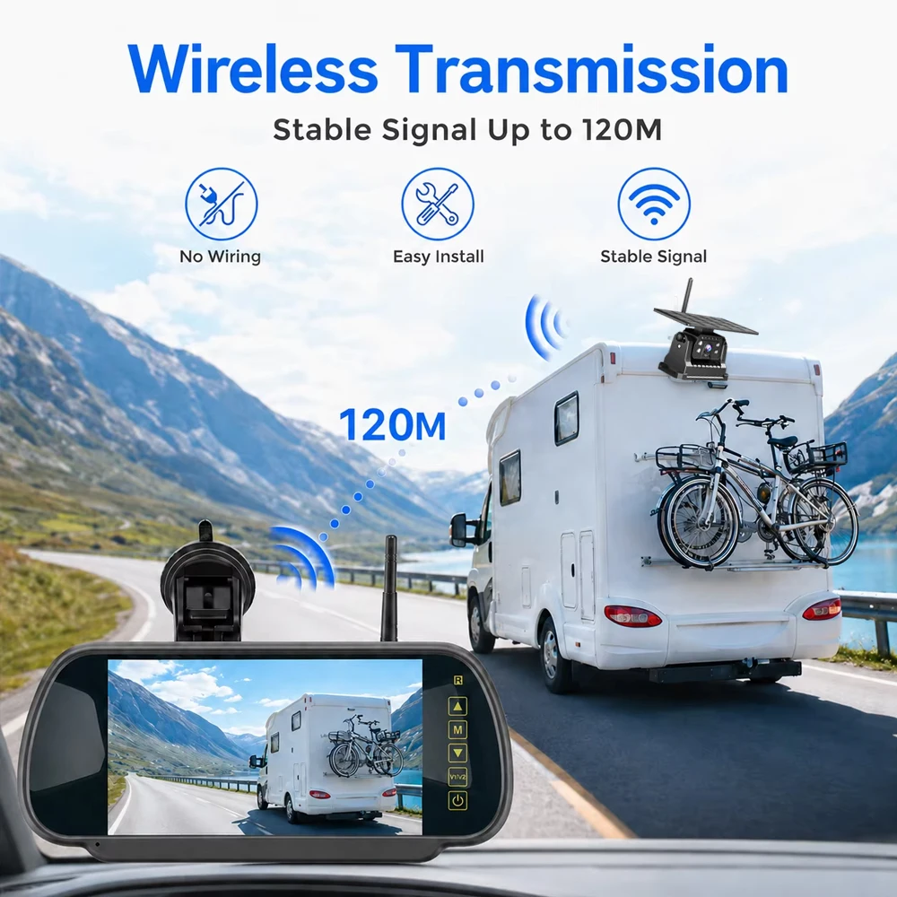 Wireless Solar Backup Camera System 7" Rearview Mirror Monitor 1080P Magnetic Night Vision Dash Cam DVR for Truck RV Pickup view 4