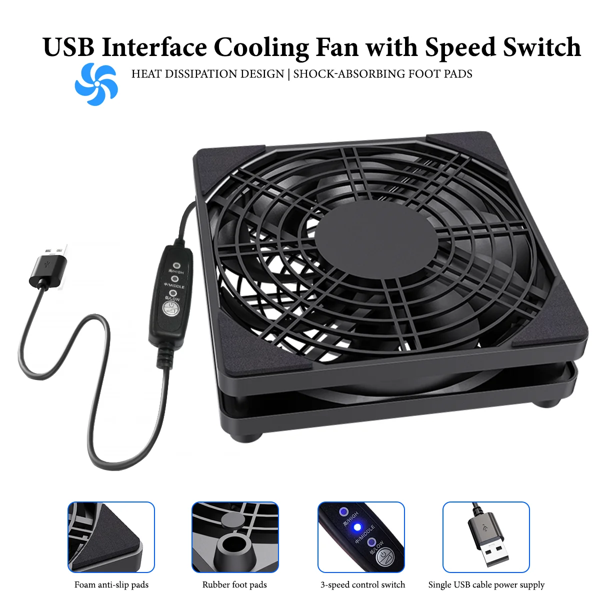 5V-USB-Kühlventilator für Router, mit einstellbarer Drehzahl in drei Stufen. Dieses Modell eignet sich zum Kühlen verschiedener Geräte. – Detail 5