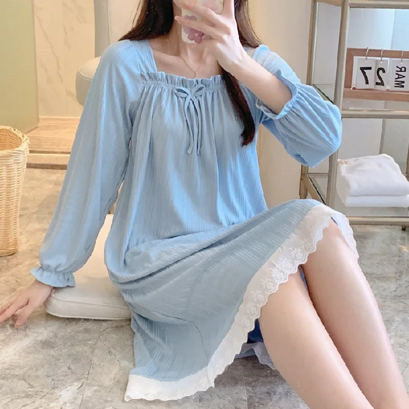 Women Spring Autumn Nightgown Ladies Long-sleeve Long Dress Girls Loungewear Student Dress Worn Outside Women Home Skirt Casual