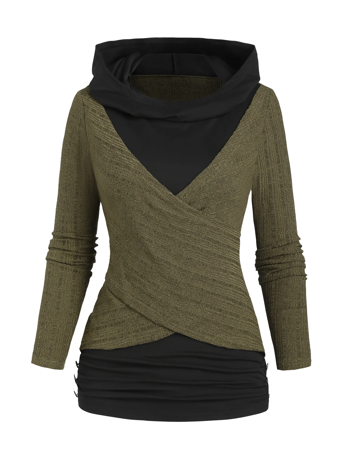 2024 neue Damen Hoodie schwitzt Tops strukturierte Crossover Patchwork Kapuze Knopf Dekor 2 in 1 Pullover Langarm Top