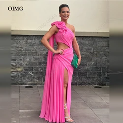 OIMG Hot Pink One Shoulder Chiffon A Line Formal Occasion Prom Dresses Floor-length Women Evening Party Dress فساتين السهرة