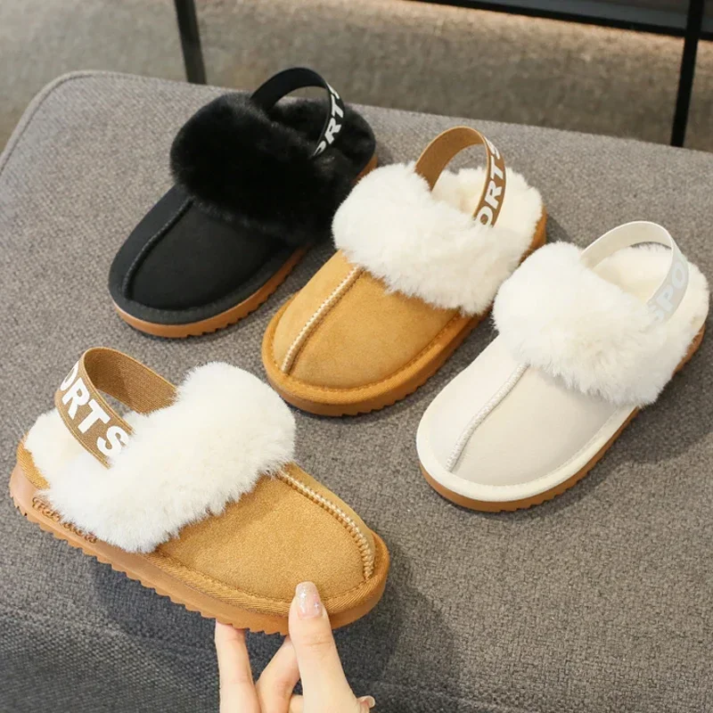 

Elastic Band Fur Slippers Kid Girl Brand Design Winter Plush Sandals Luxury Slip-on Platform Mule Slide Child Warm Home Shoes