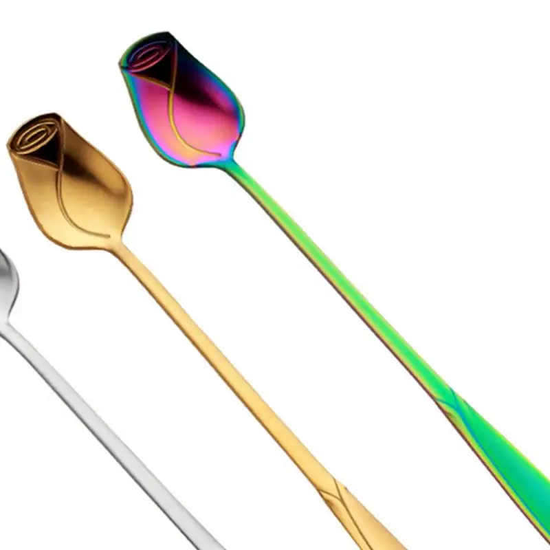 Coffee Spoons Stainless Steel Teaspoons Rose Flower Shaped Coffee Scoops Long Handle Gold Teas Spoons For Stirring Kitchen Tool