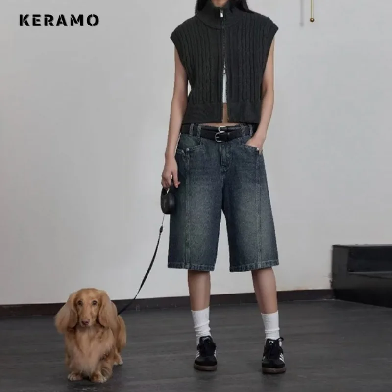 

Y2K Harajuku Vintage Punk Shorts High Waist Street Style Baggy Jean Women Casual Loose Fit Knee Length Washed Denim Shorts