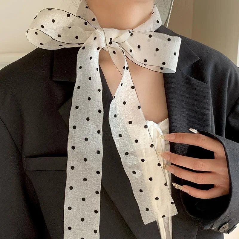 

Черно-белый шарф в горошек, повязка для волос, кружевная лента, женский аксессуар для шеи, высококачественная прозрачная шелковая лента, сексуальный женский шарф