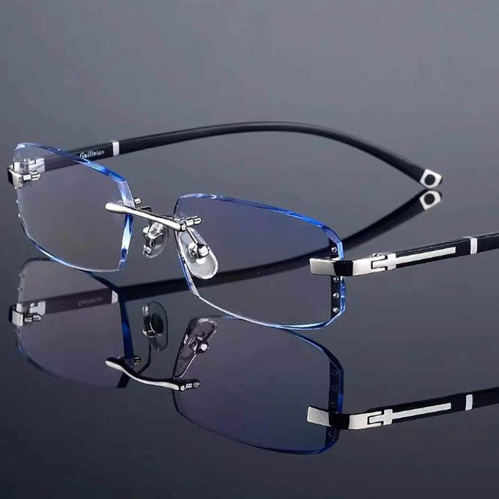 Klass num Männer Lesebrille randlose Schnittkante Presbyopie Brille Anti Blaulicht Anti Müdigkeit plus Brille Presbyopie klare Linse