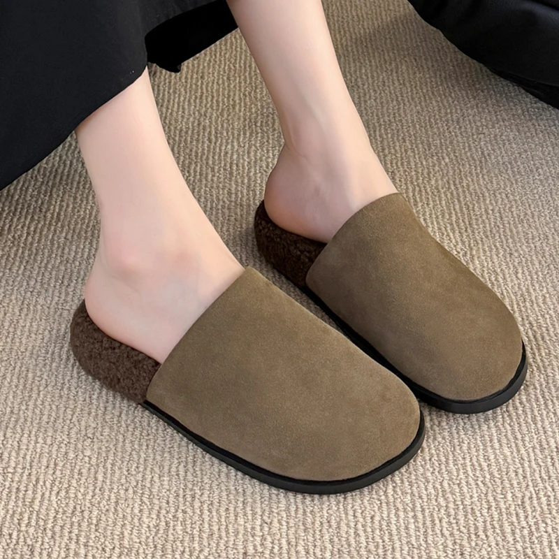

Flats Women's Cotton Slippers Suede Slingback Mules Shoes Fashion Woman Warm Boots 2025 Winter Designer Walking Zapatillas Mujer