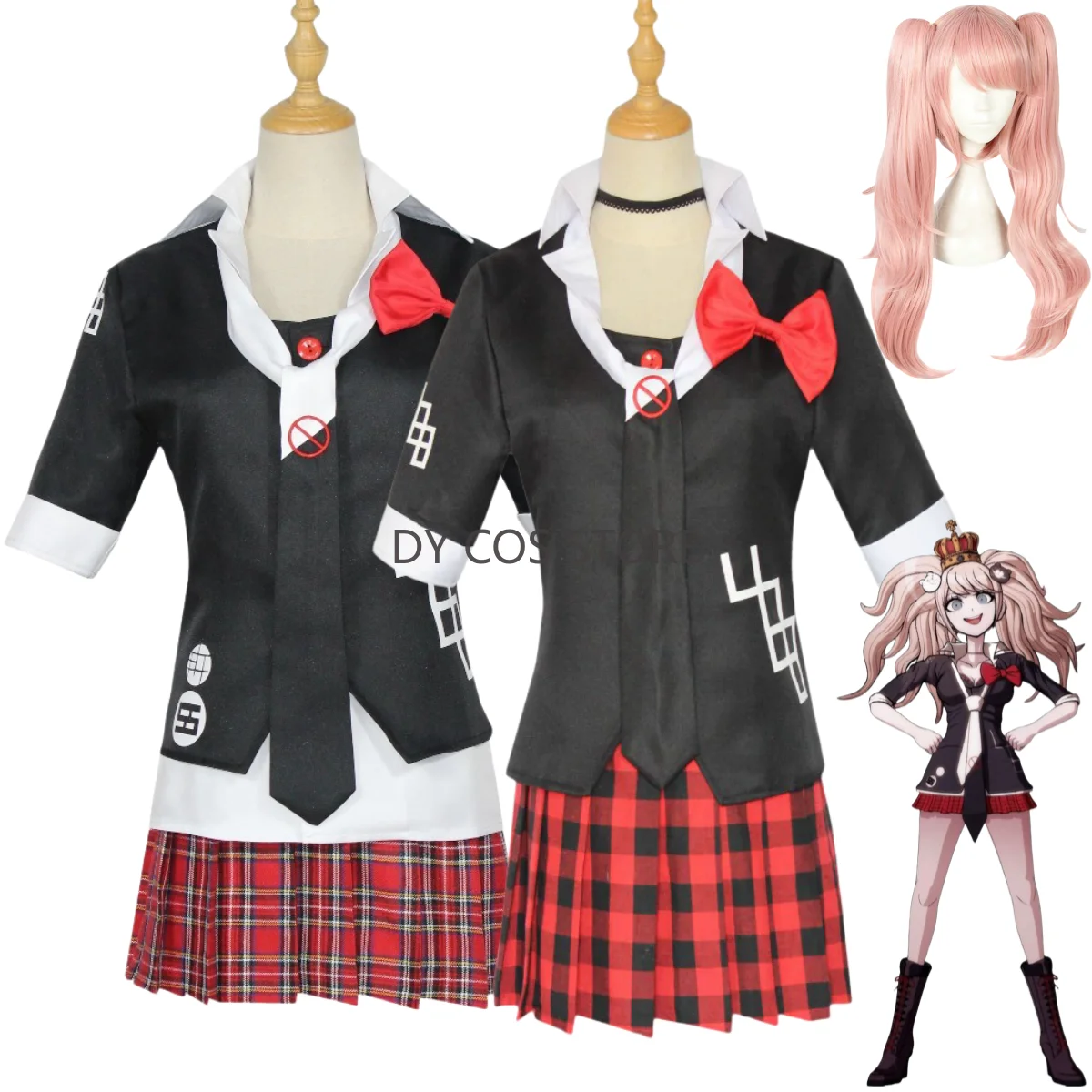 

Аниме-игра Enoshima Junko, карнавальный костюм, японская униформа JK, красная клетчатая юбка, рубашка с короткими рукавами, парик, женский сексуальный карнавальный костюм