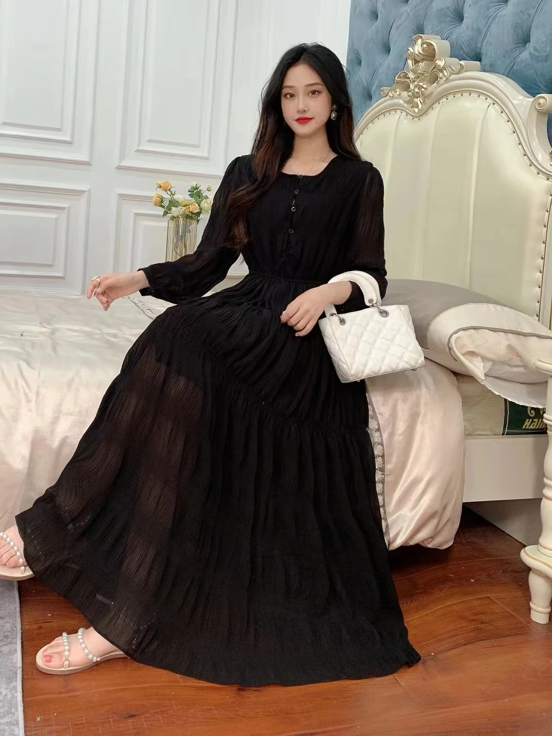 2023 New Spring Autumn Women Long Sleeve Loose Fit Long Dress Elegant Big Hem Pleated  Solid Color Chiffon Dress y2k clothes