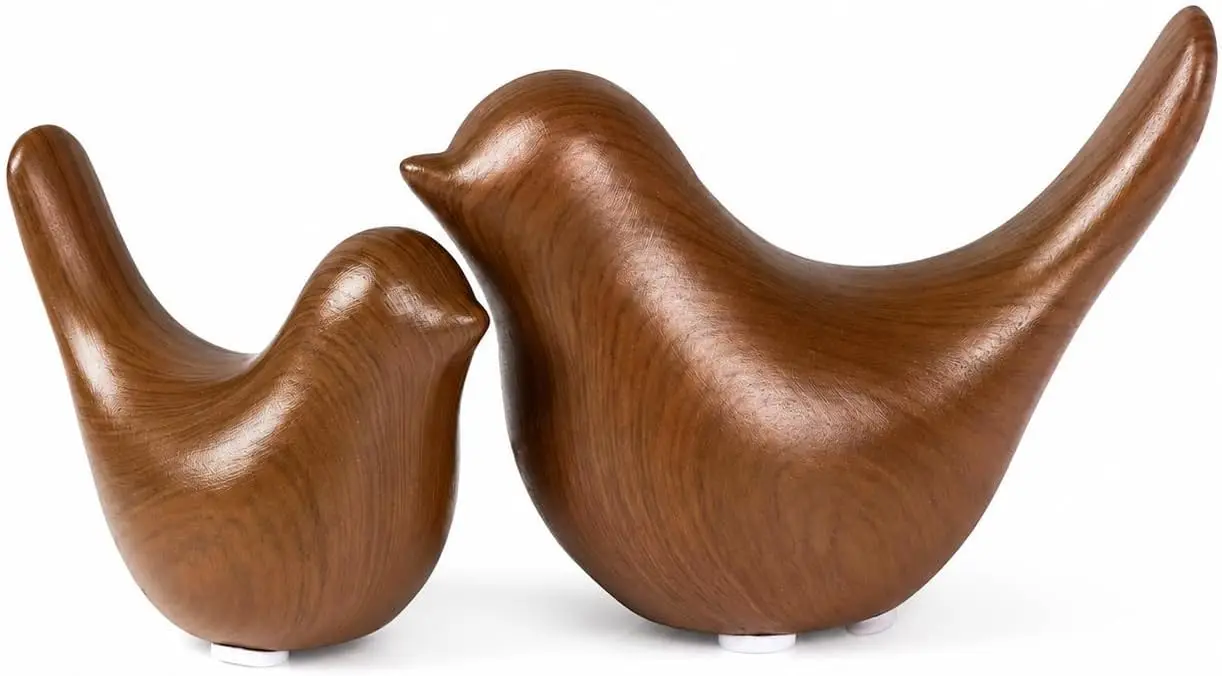 Ceramic Bird Figurines, Dark Wood Grain, 2 Pcs | Animal figurines for bookshelf decor, coffee table decor, mantel decor, office