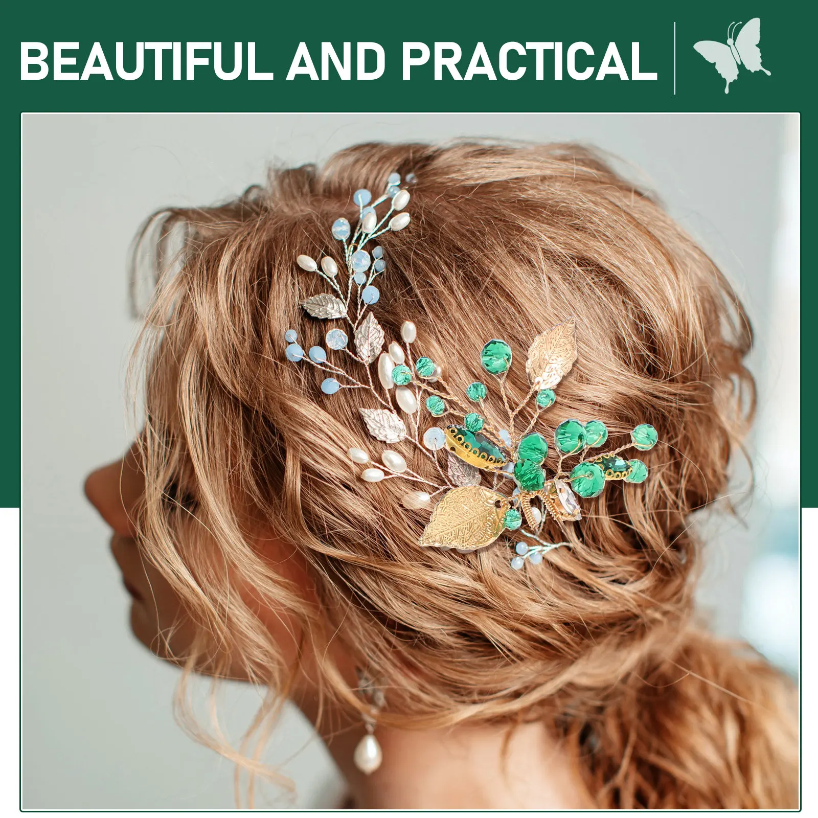 3Pcs Delicate Emerald Green Leaf Crystal Hairpins Wedding Bridal Hair Accessories for Women Lightweight Fine Polished Sparkling