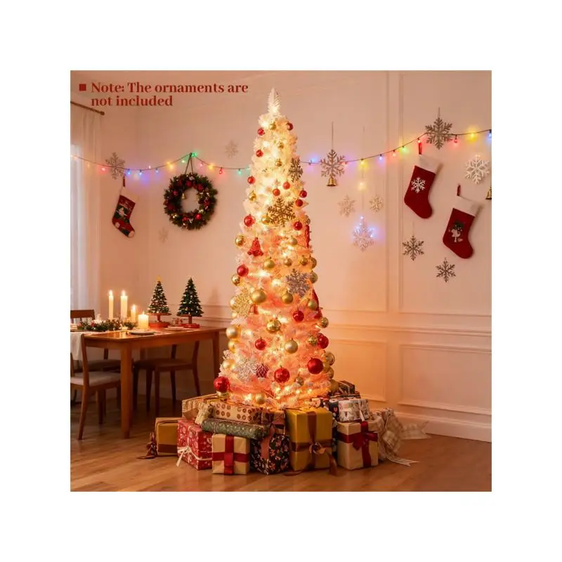 Розовая рождественская елка-карандаш длиной 7 футов с 527 наконечниками и 180 теплыми белыми светодиодами (8 режимов), огнестойкий материал ПВХ