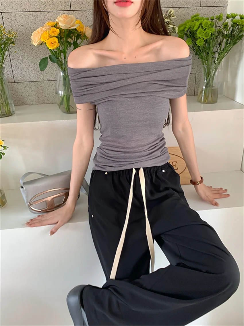 Alien Kitty Slash Neck T-Shirts Women OL Chic Elegant Straight Wide Leg Pants Summer High Street Casual Gentle Two Pieces Suits