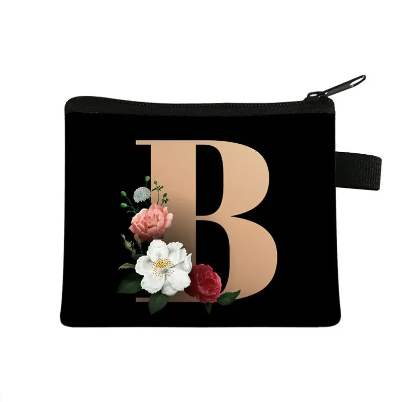 Mini bolsa de maquillaje para mujer, monedero con 26 iniciales, letras de A-Z, flores, Kawaii, con cremallera, para llaves de dinero, auriculares, a