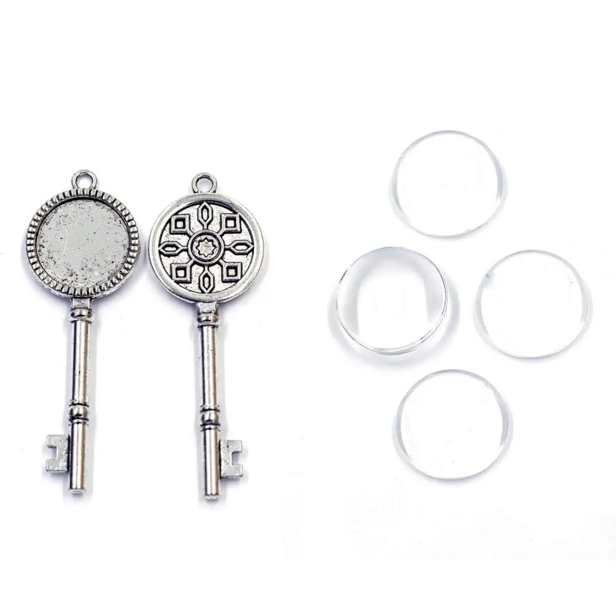 

10Sets Silver Tone Key Charm Pendants Base Setting with Clear Round Cabochon 20mm DIY Sweater Necklace Handicrafts Accessories