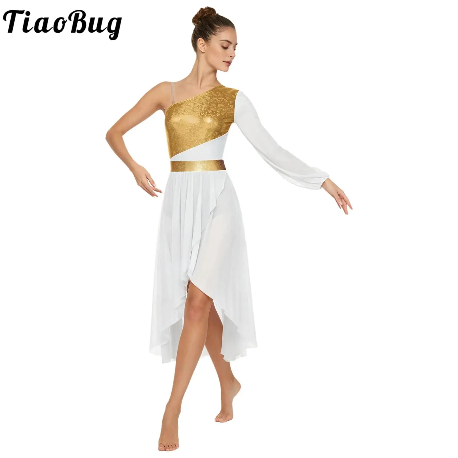 

Women Figure Skating Lyrical Dance Leotard Dress One Shoulder Long Sleeve Metallic Bodice Irregular Mesh Hem Worship Dancewear